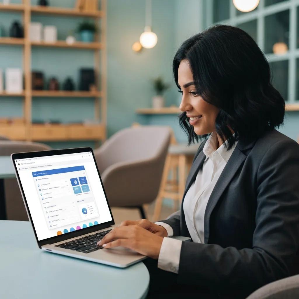 Business owner using cloud accounting software on a laptop in a cozy café, illustrating modern financial management