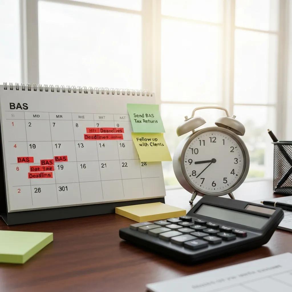 Wall calendar with BAS deadlines highlighted and reminder notes
