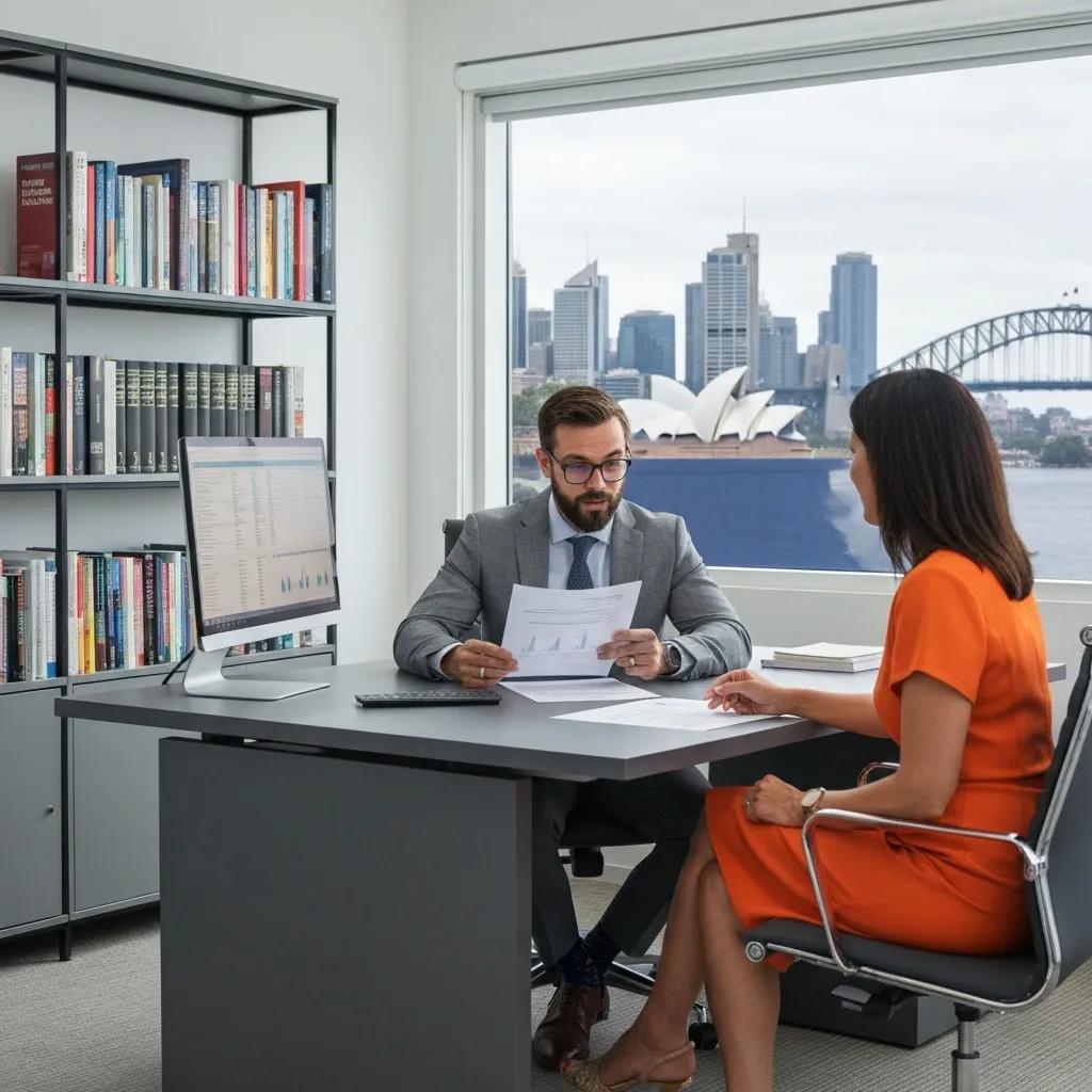 Chartered accountant reviewing tax documents with a client in a North Sydney office