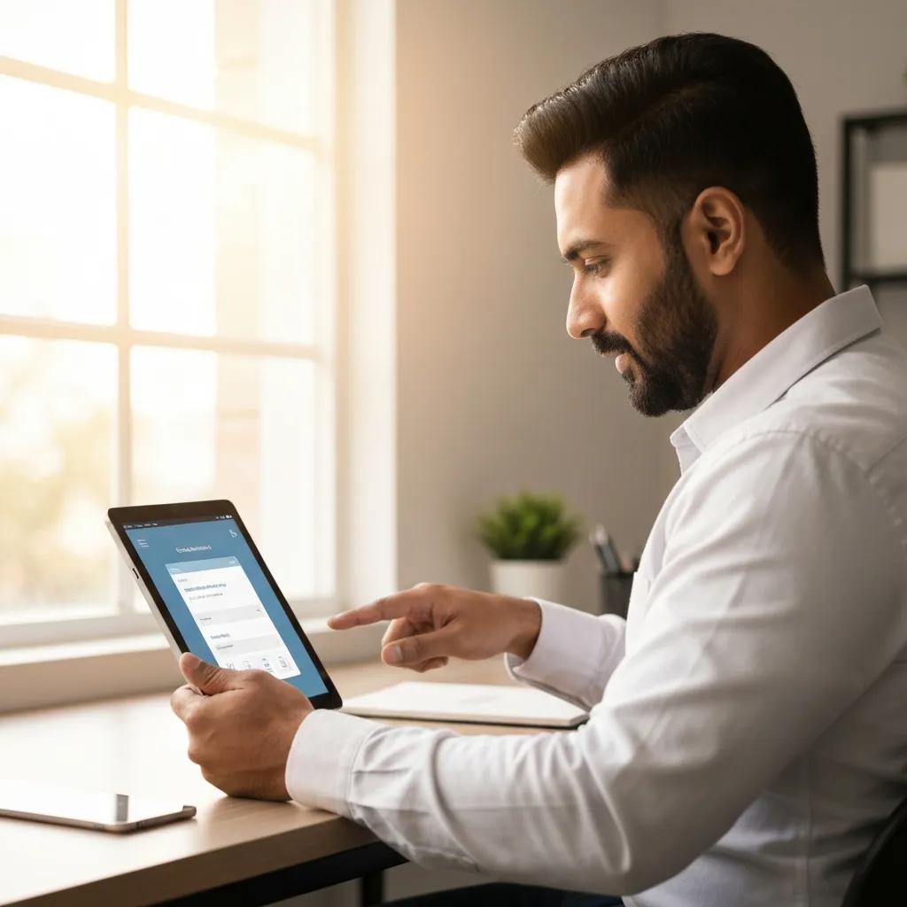 Small business owner using cloud accounting software on a tablet in a bright workspace