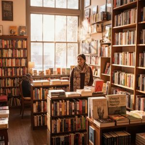 Small business owner at a cozy desk with accounting documents and a laptop