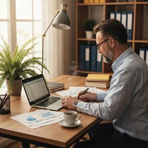 Small business owner in a cozy home office managing accounting tasks with a laptop and financial documents