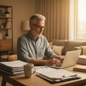 Small business owner preparing BAS with laptop and paperwork in a cozy workspace