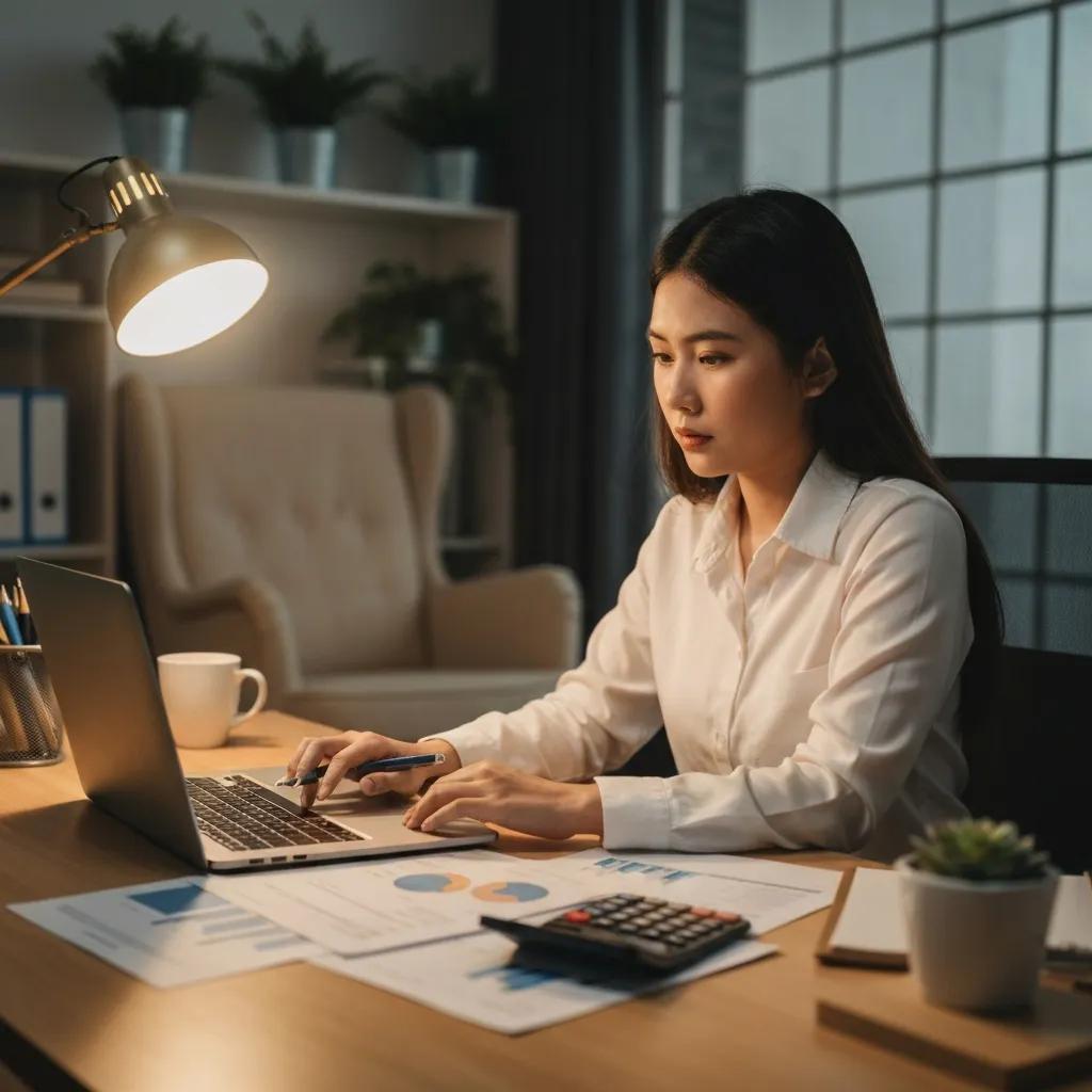 Small business owner reviewing costs and expenses at a desk