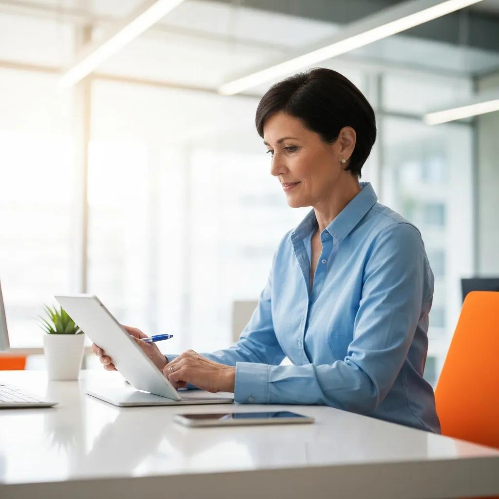 Small business owner using a tablet for cloud accounting in a bright workspace