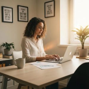 Small business owner using Xero cloud accounting in a cozy office environment