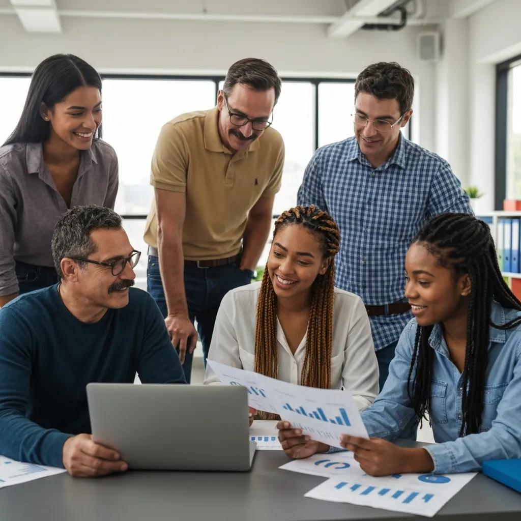 Small business team collaborating over accounting paperwork and financial reports