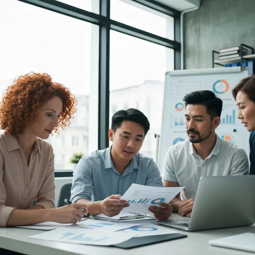 Small business team working together on accounting tasks in a modern office
