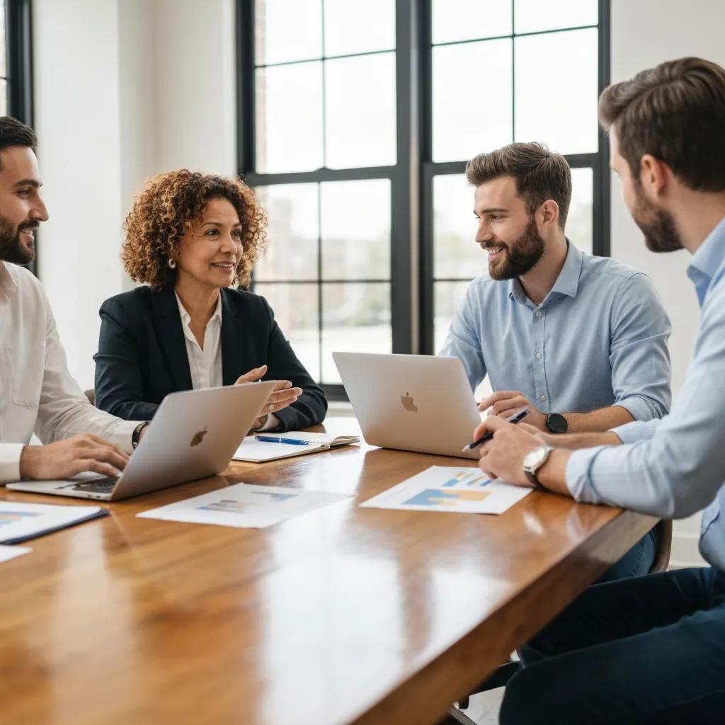 Small business team collaborating on financial strategies in a bright, modern workspace
