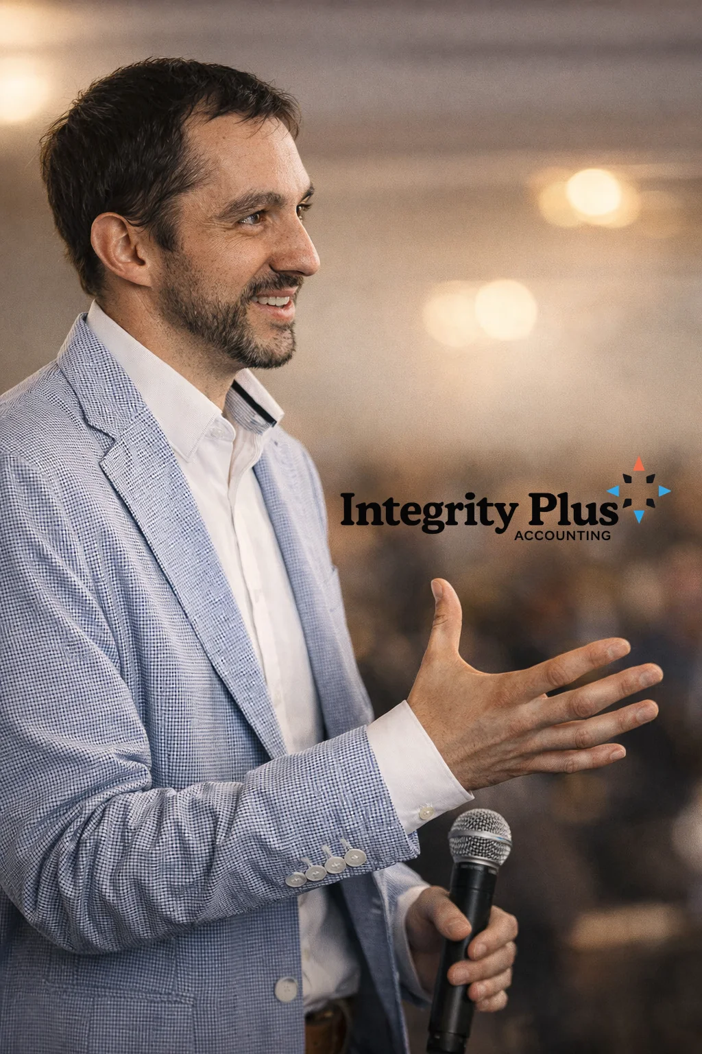 Scott Kay - delivering a speech with IPAccounting logo